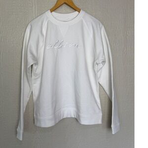 Albion Fit Women White Script Logo Crewneck Sweatshirt Size M Cotton Fleece EUC